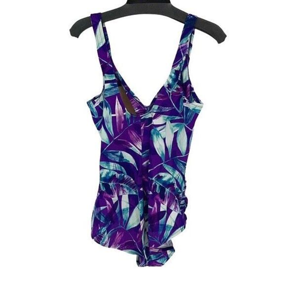 Maxine Of Hollywood Womens Ruched Front Tropical One Piece Swimsuit Purple Sz 18 - Picture 1 of 8